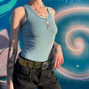 Sparkly Blue Racerback Tank Top with Glitter Detail and Stretchy Material